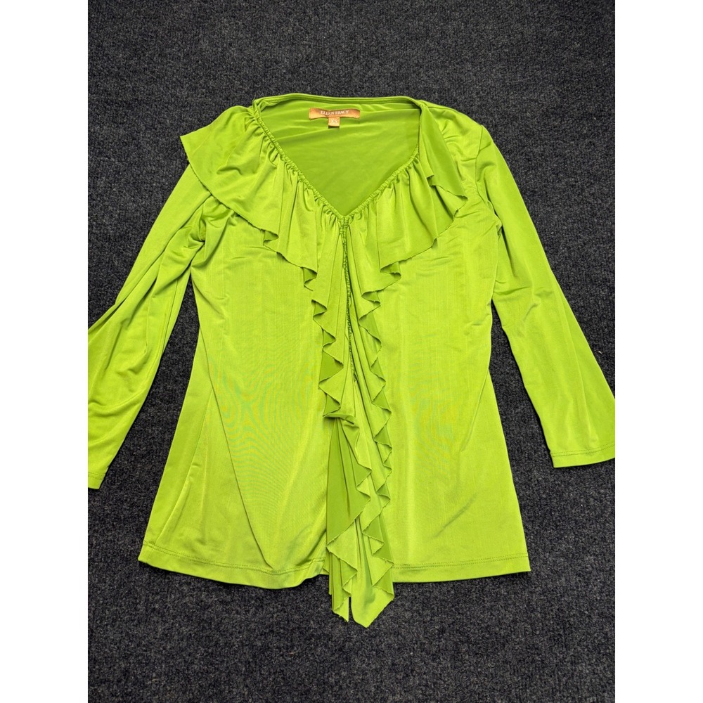 Ellen Tracy Lime‎ Green Ruffle V-Neck Long Sleeve Top XS